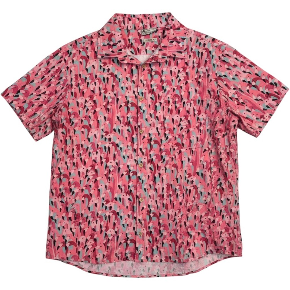 Men Shirt Island Inspired XL Modern Fit Flamingo Print Button-U‎ Pockets